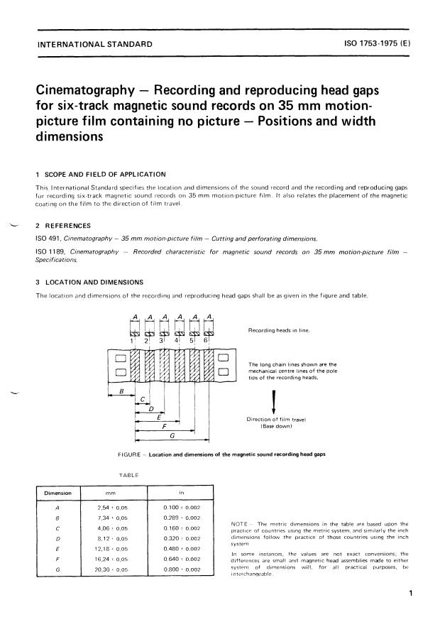ISO 1753:1975 - Cinematography -- Recording and reproducing head gaps for six-track magnetic sound records on 35 mm motion-picture film containing no picture -- Positions and width dimensions