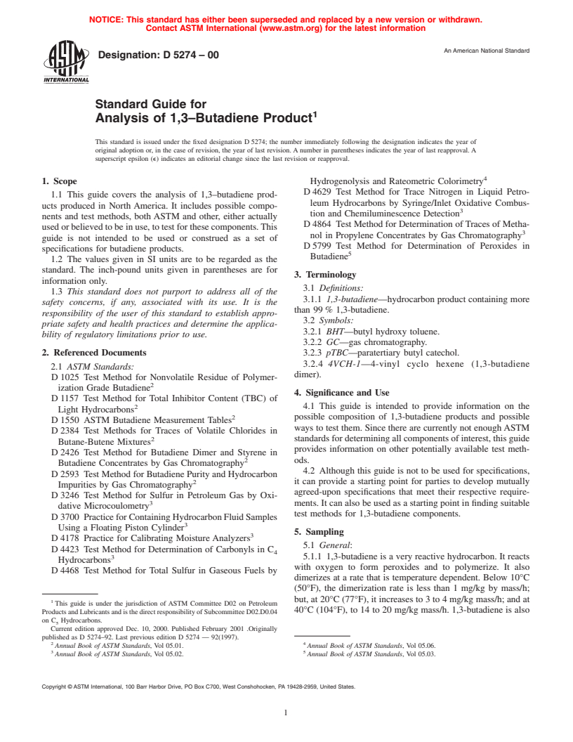 ASTM D5274-00 - Standard Guide for Analysis of 1,3-Butadiene Product