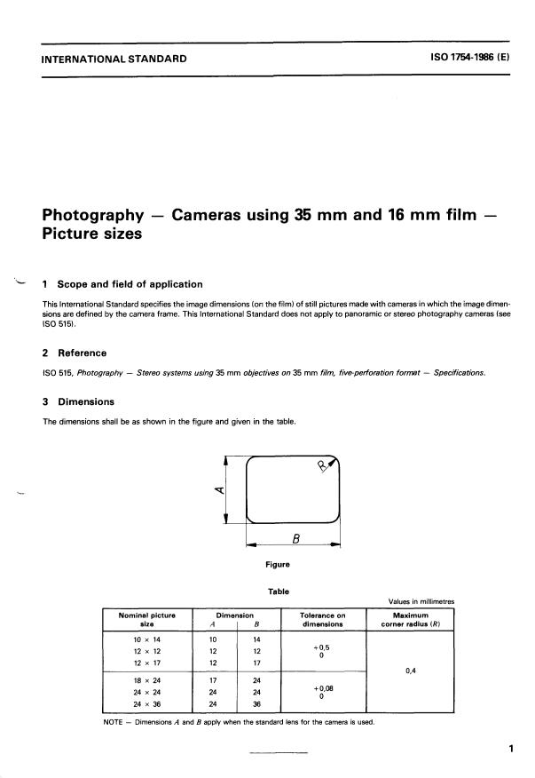 ISO 1754:1986 - Photography -- Cameras using 35 mm and 16 mm film -- Picture sizes
