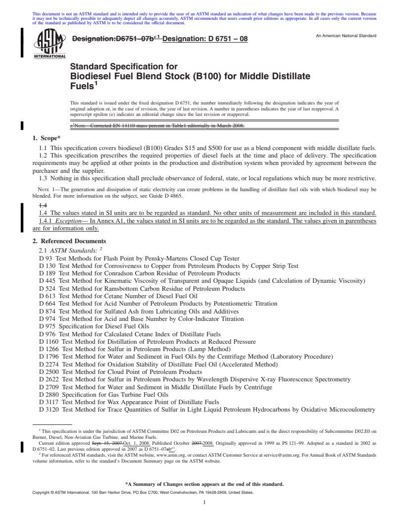 REDLINE ASTM D6751-08 - Standard Specification for Biodiesel Fuel Blend Stock (B100) for Middle Distillate Fuels