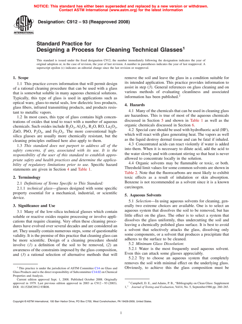 ASTM C912-93(2008) - Standard Practice for  Designing a Process for Cleaning Technical Glasses