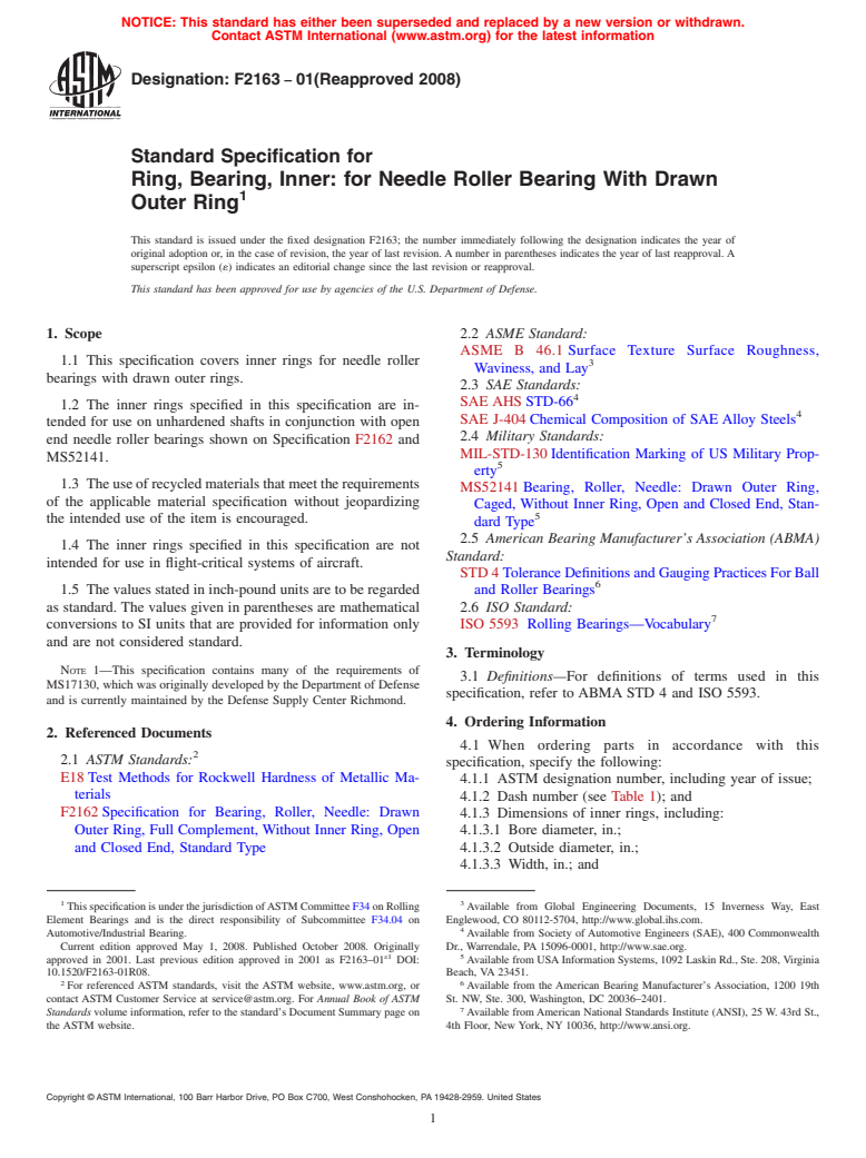 ASTM F2163-01(2008) - Standard Specification for Ring, Bearing, Inner: for Needle Roller Bearing With Drawn Outer Ring