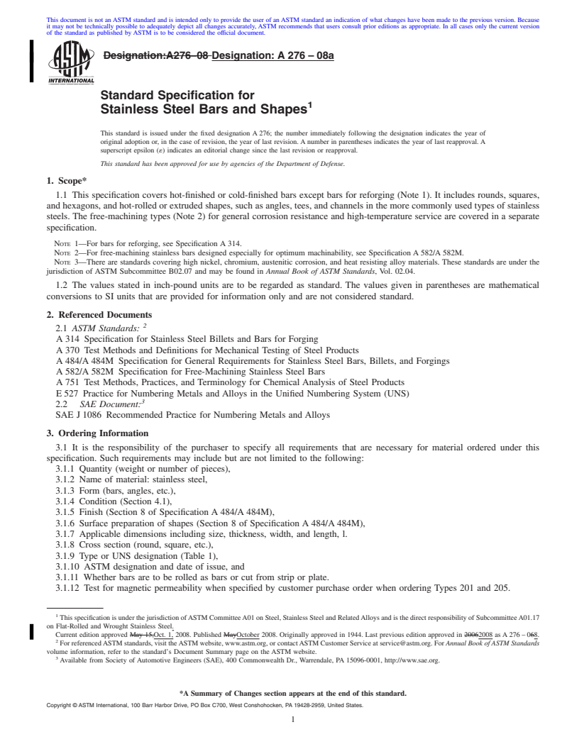REDLINE ASTM A276-08a - Standard Specification for Stainless Steel Bars and Shapes