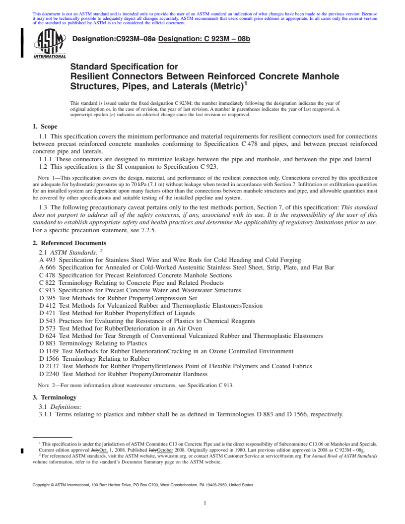 REDLINE ASTM C923M-08b - Standard Specification for  Resilient Connectors Between Reinforced Concrete Manhole Structures, Pipes, and Laterals (Metric)