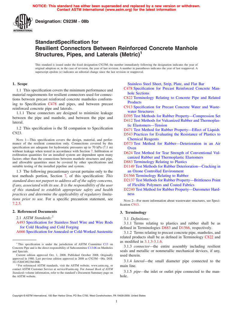 ASTM C923M-08b - Standard Specification for  Resilient Connectors Between Reinforced Concrete Manhole Structures, Pipes, and Laterals (Metric)