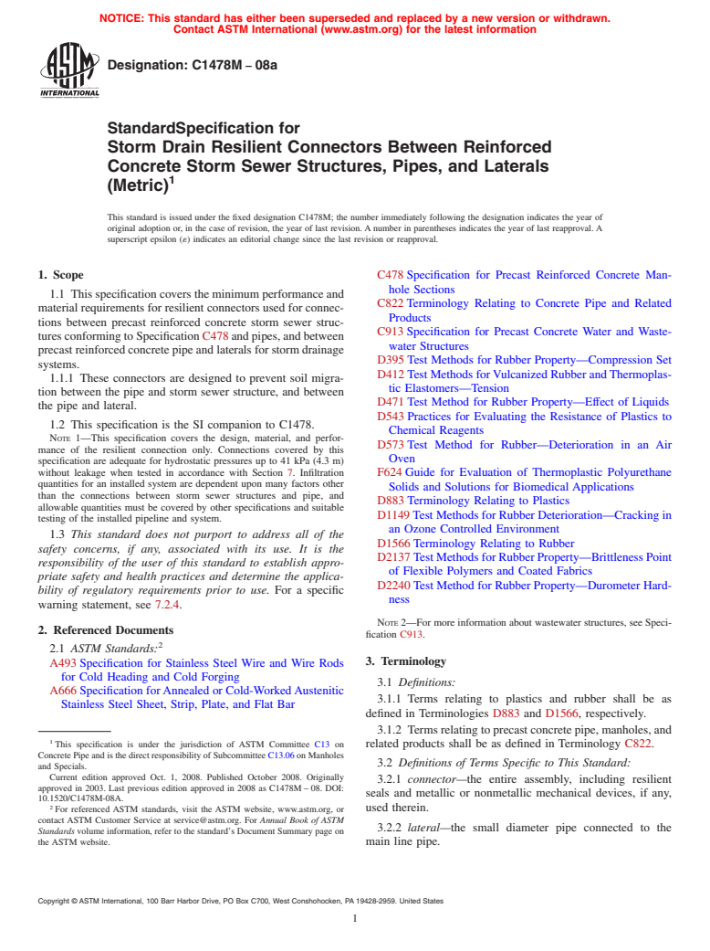 ASTM C1478M-08a - Standard Specification for Storm Drain Resilient Connectors Between Reinforced Concrete Storm  Sewer Structures, Pipes, and Laterals (Metric)