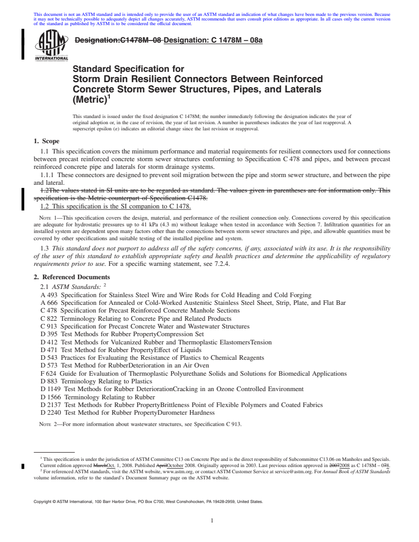 REDLINE ASTM C1478M-08a - Standard Specification for Storm Drain Resilient Connectors Between Reinforced Concrete Storm  Sewer Structures, Pipes, and Laterals (Metric)