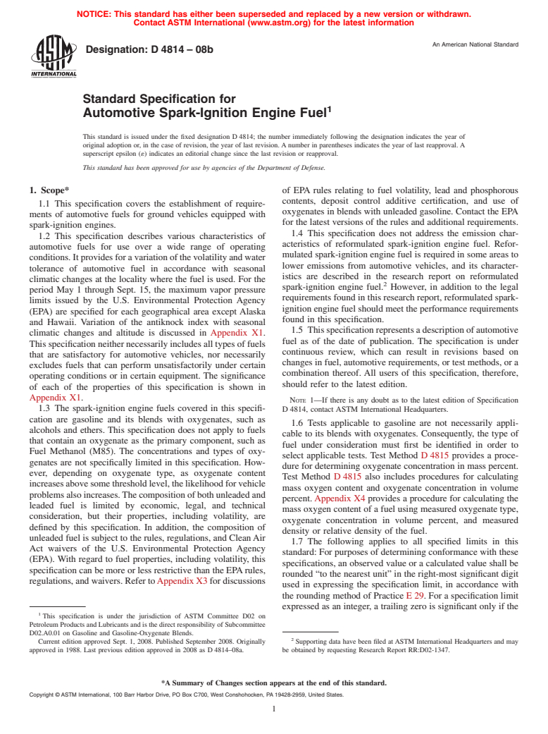 ASTM D4814-08b - Standard Specification for Automotive Spark-Ignition Engine Fuel