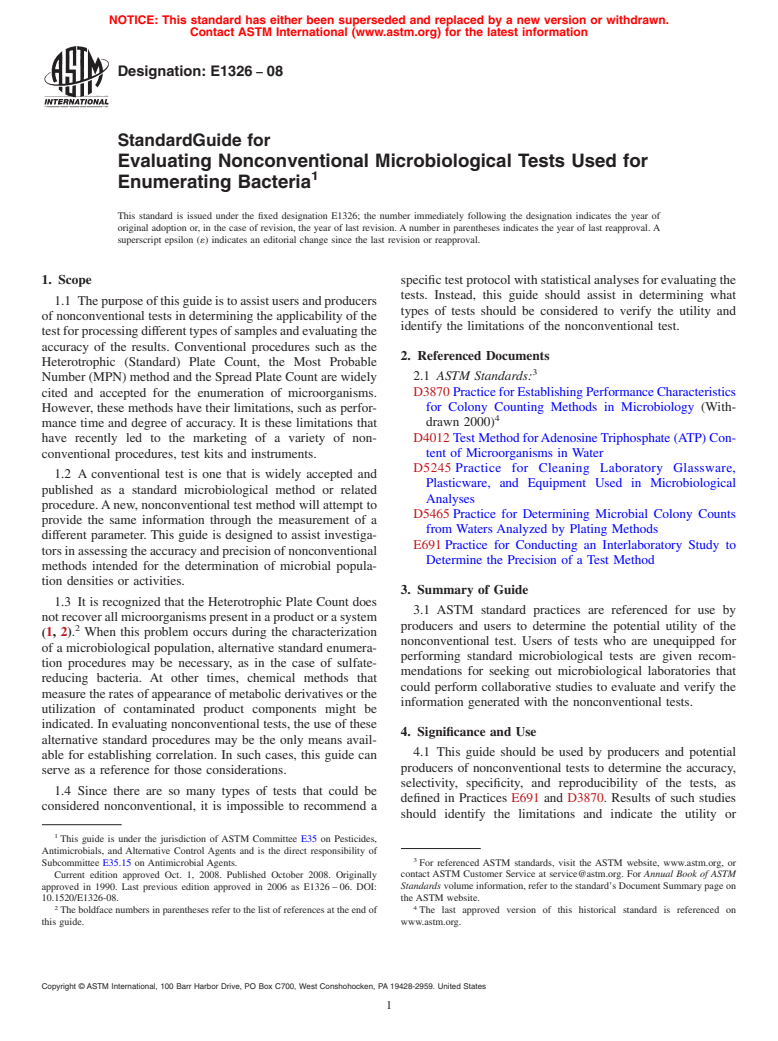 ASTM E1326-08 - Standard Guide for  Evaluating Nonconventional Microbiological Tests Used for Enumerating Bacteria