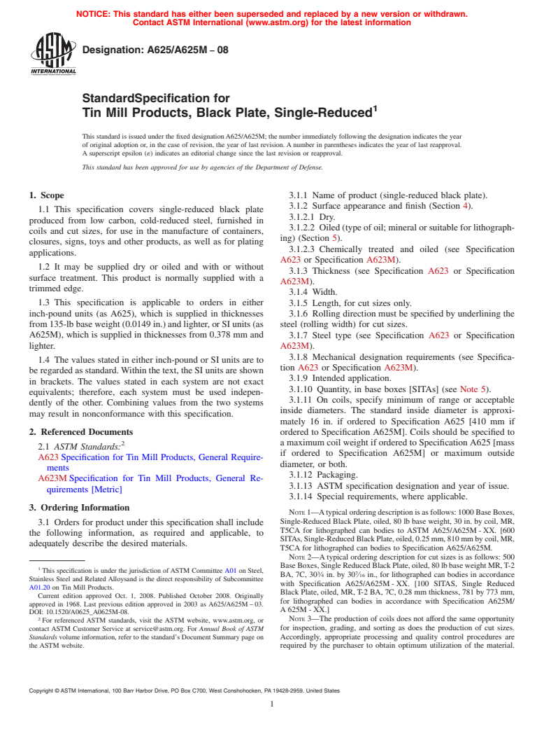 ASTM A625/A625M-08 - Standard Specification for  Tin Mill Products, Black Plate, Single-Reduced