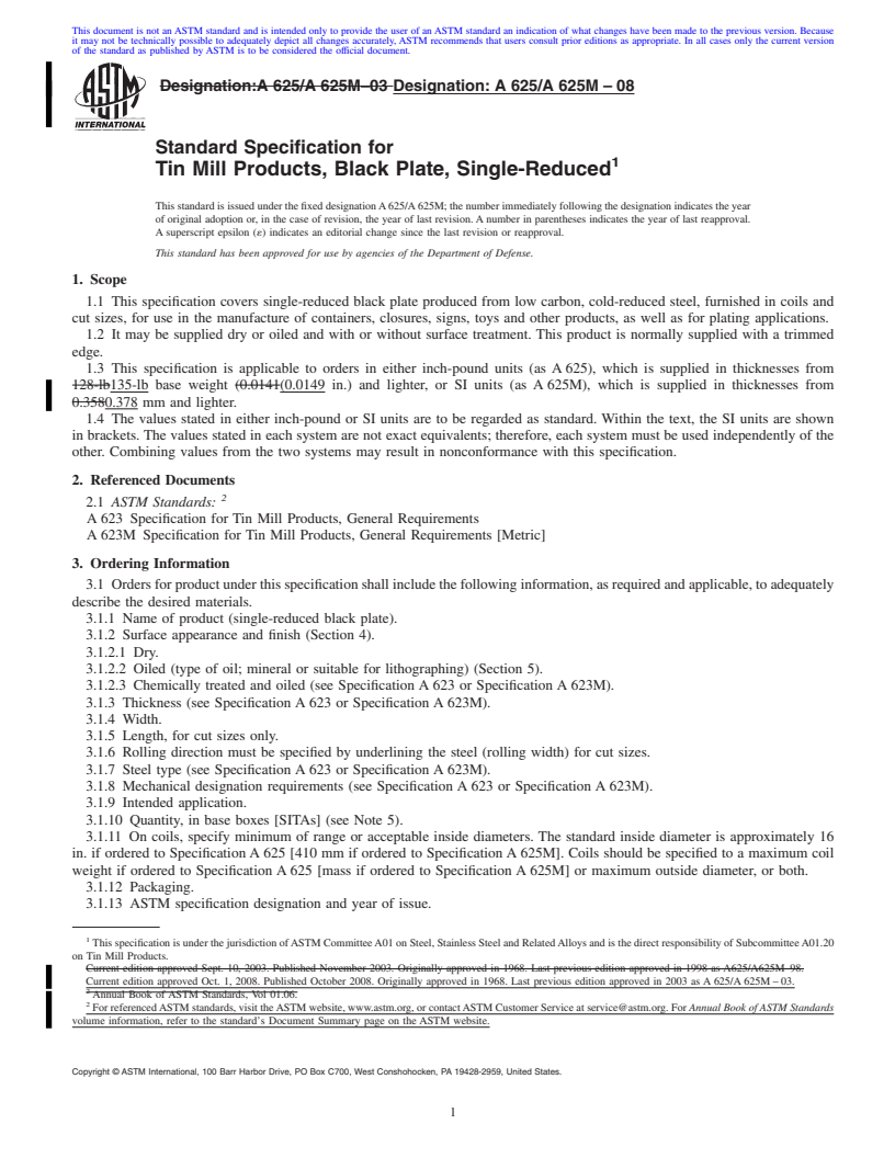 REDLINE ASTM A625/A625M-08 - Standard Specification for  Tin Mill Products, Black Plate, Single-Reduced