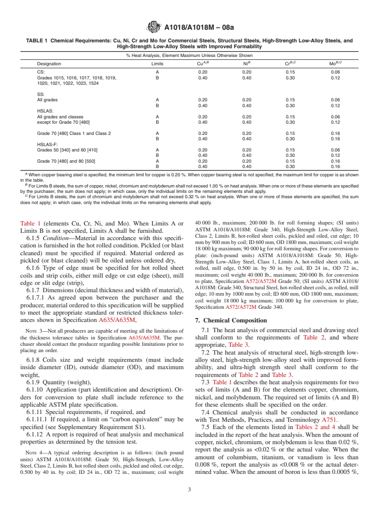 ASTM A1018/A1018M-08a - Standard Specification for Steel, Sheet and Strip, Heavy-Thickness Coils, Hot-Rolled, Carbon, Commercial, Drawing, Structural, High-Strength Low-Alloy, High-Strength Low-Alloy with Improved Formability, and Ultra-High Strength