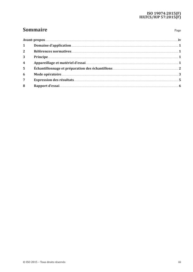 ISO 19074:2015 ISO 19074:2015 - Cuir -- Essais physiques et mécaniques -- Détermination de l'absorption d'eau par capillarité (effet de meche) - Page 3 preview