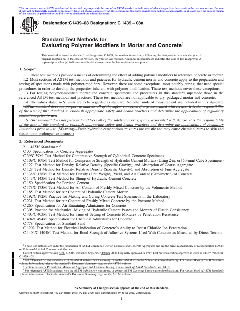 REDLINE ASTM C1439-08a - Standard Test Methods for Evaluating Polymer Modifiers in Mortar and Concrete