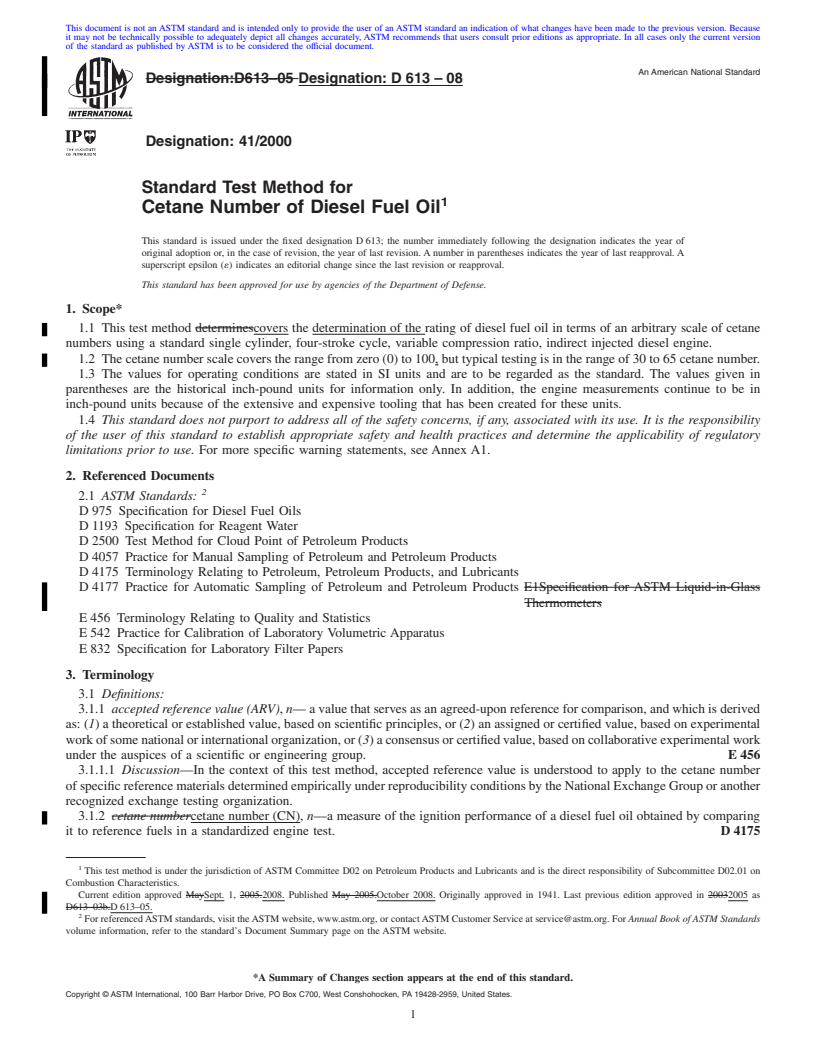 REDLINE ASTM D613-08 - Standard Test Method for Cetane Number of Diesel Fuel Oil