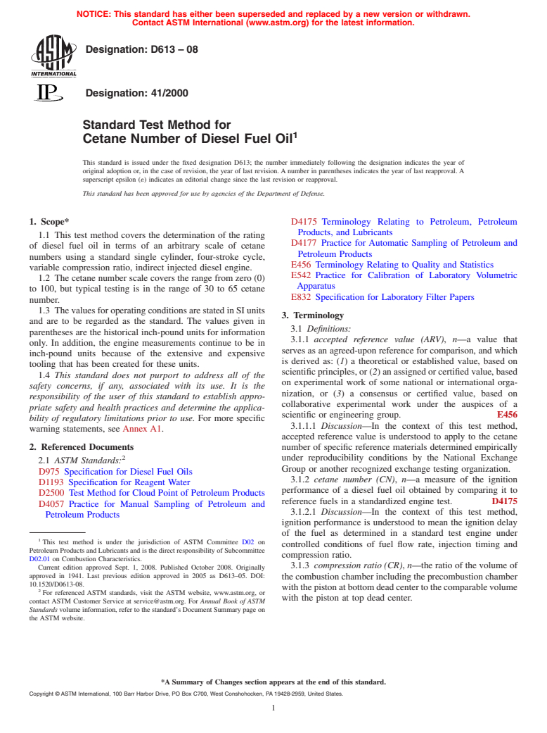 ASTM D613-08 - Standard Test Method for Cetane Number of Diesel Fuel Oil