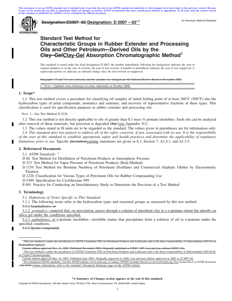 REDLINE ASTM D2007-03e1 - Standard Test Method for Characteristic Groups in Rubber Extender and Processing Oils and Other Petroleum-Derived Oils by the Clay-Gel Absorption Chromatographic Method