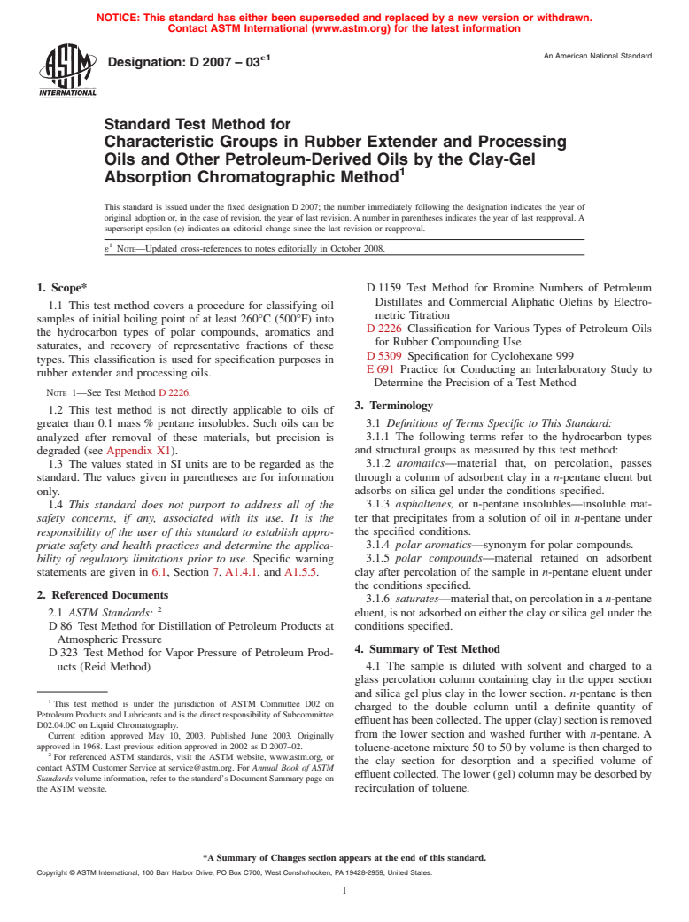 ASTM D2007-03e1 - Standard Test Method for Characteristic Groups in Rubber Extender and Processing Oils and Other Petroleum-Derived Oils by the Clay-Gel Absorption Chromatographic Method