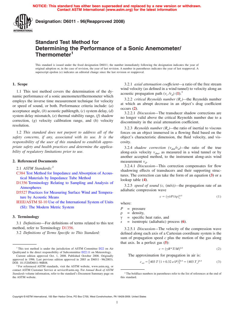 ASTM D6011-96(2008) - Standard Test Method for  Determining the Performance of a Sonic Anemometer/Thermometer