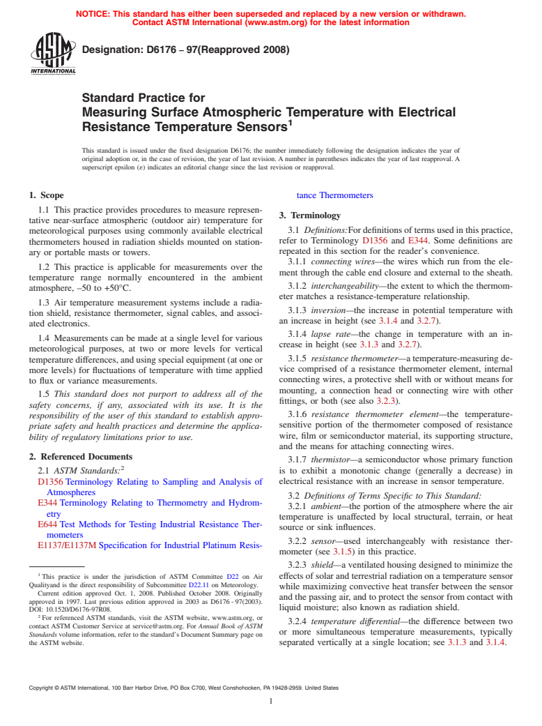 ASTM D6176-97(2008) - Standard Practice for Measuring Surface Atmospheric Temperature with Electrical Resistance Temperature Sensors