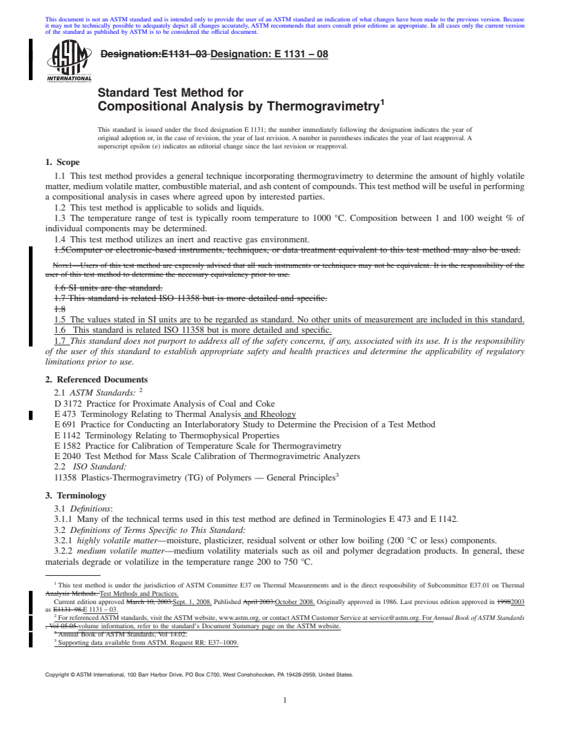 REDLINE ASTM E1131-08 - Standard Test Method for Compositional Analysis by Thermogravimetry