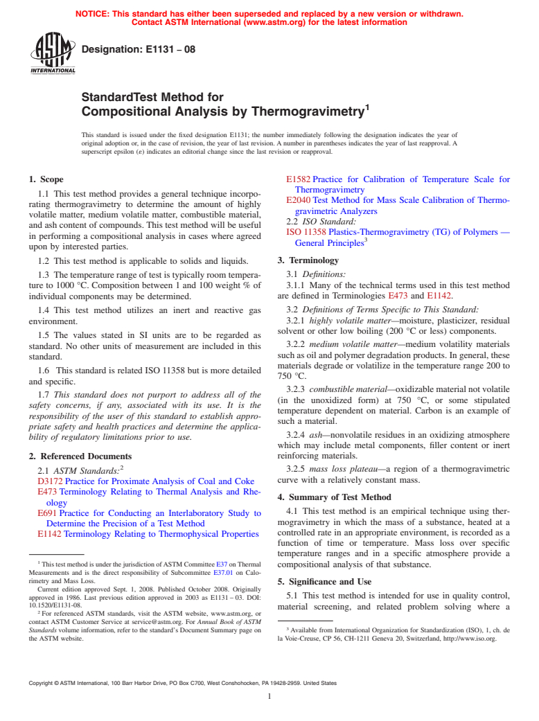 ASTM E1131-08 - Standard Test Method for Compositional Analysis by Thermogravimetry