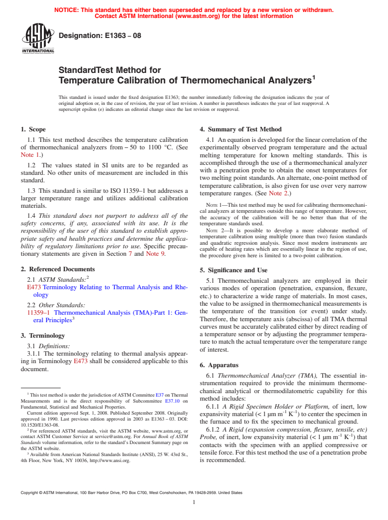 ASTM E1363-08 - Standard Test Method for  Temperature Calibration of Thermomechanical Analyzers