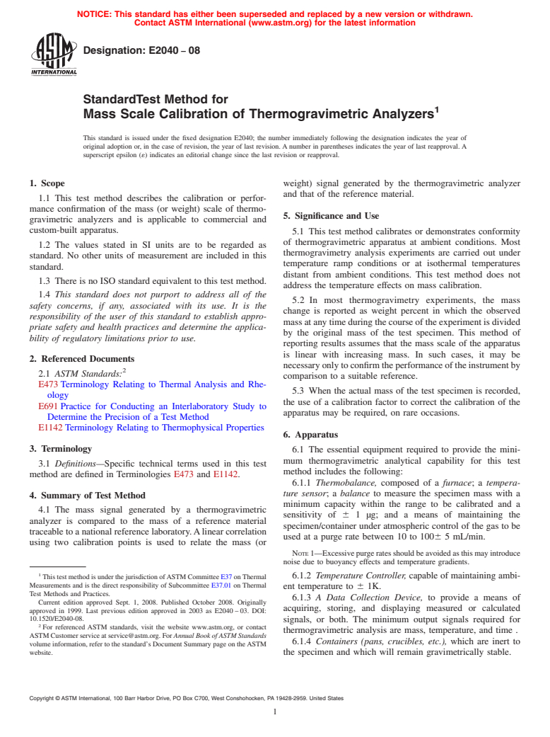 ASTM E2040-08 - Standard Test Method for  Mass Scale Calibration of Thermogravimetric Analyzers