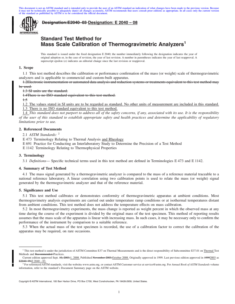 REDLINE ASTM E2040-08 - Standard Test Method for  Mass Scale Calibration of Thermogravimetric Analyzers