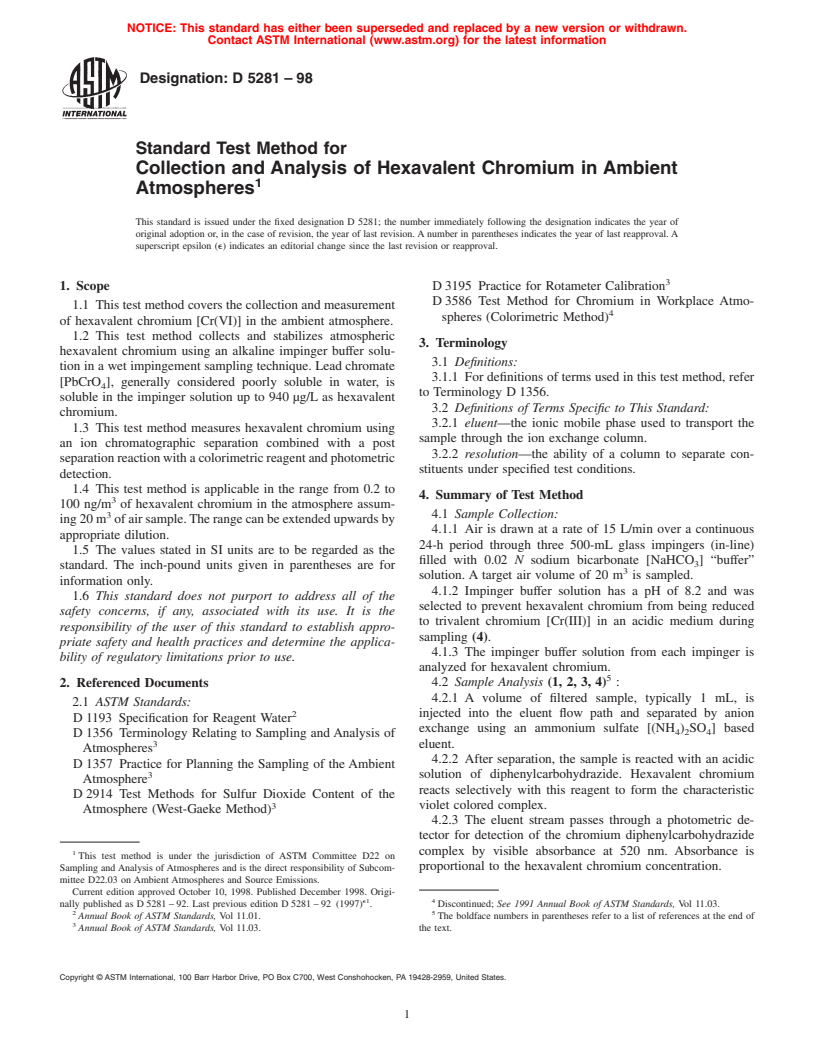 ASTM D5281-98 - Standard Test Method for Collection and Analysis of Hexavalent Chromium in Ambient Atmospheres