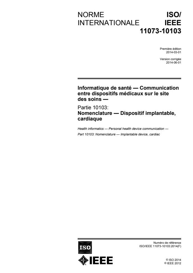 ISO/IEEE 11073-10103:2014 - Informatique de santé -- Communication entre dispositifs médicaux sur le site des soins