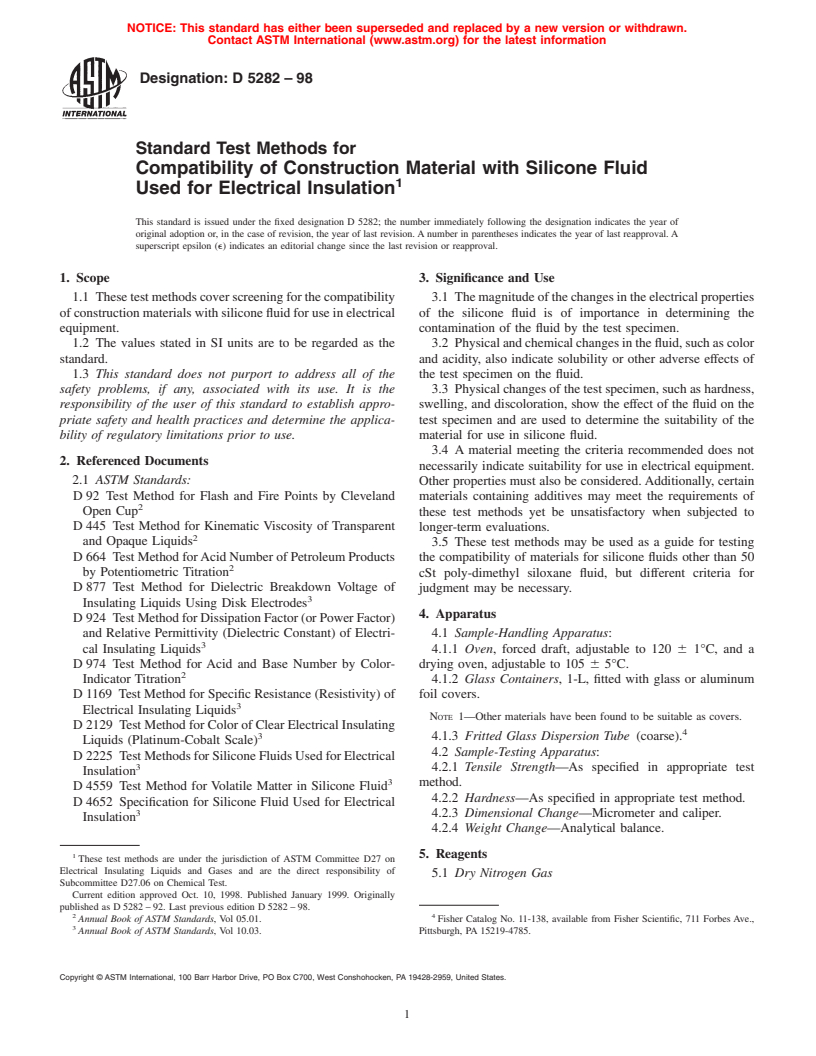 ASTM D5282-98 - Standard Test Methods for Compatibility of Construction Material with Silicone Fluid Used for Electrical Insulation