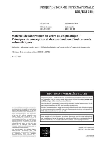 ISO 384:2015 - Matériel de laboratoire en verre ou en plastique -- Principes de conception et de construction d'instruments volumétriques