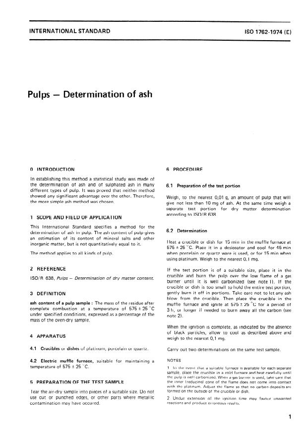 ISO 1762:1974 - Pulps -- Determination of ash