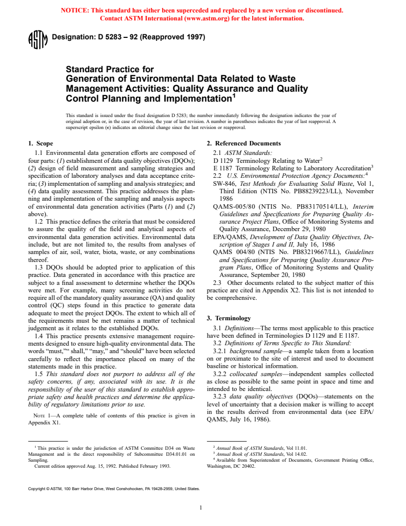 ASTM D5283-92(1997) - Standard Practice for Generation of Environmental Data Related to Waste Management Activities:  Quality Assurance and Quality Control Planning and Implementation