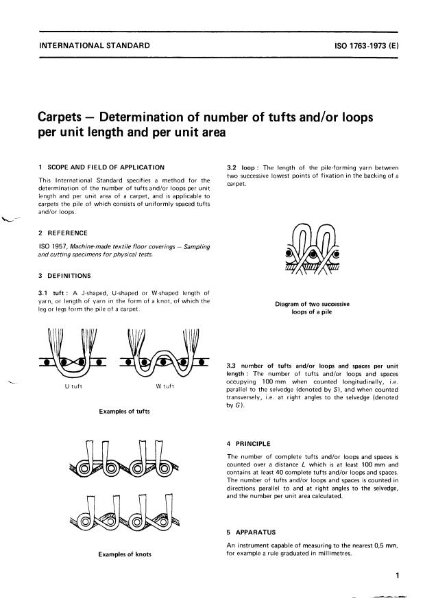 ISO 1763:1973 - Textile floor coverings -- Determination of number of tufts and/or loops per unit length and per unit area
