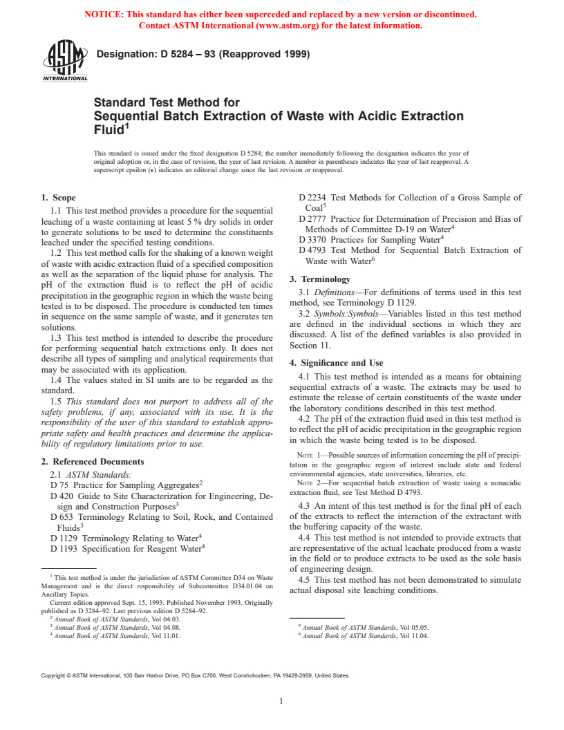 ASTM D5284-93(1999) - Standard Test Method for Sequential Batch Extraction of Waste with Acidic Extraction Fluid