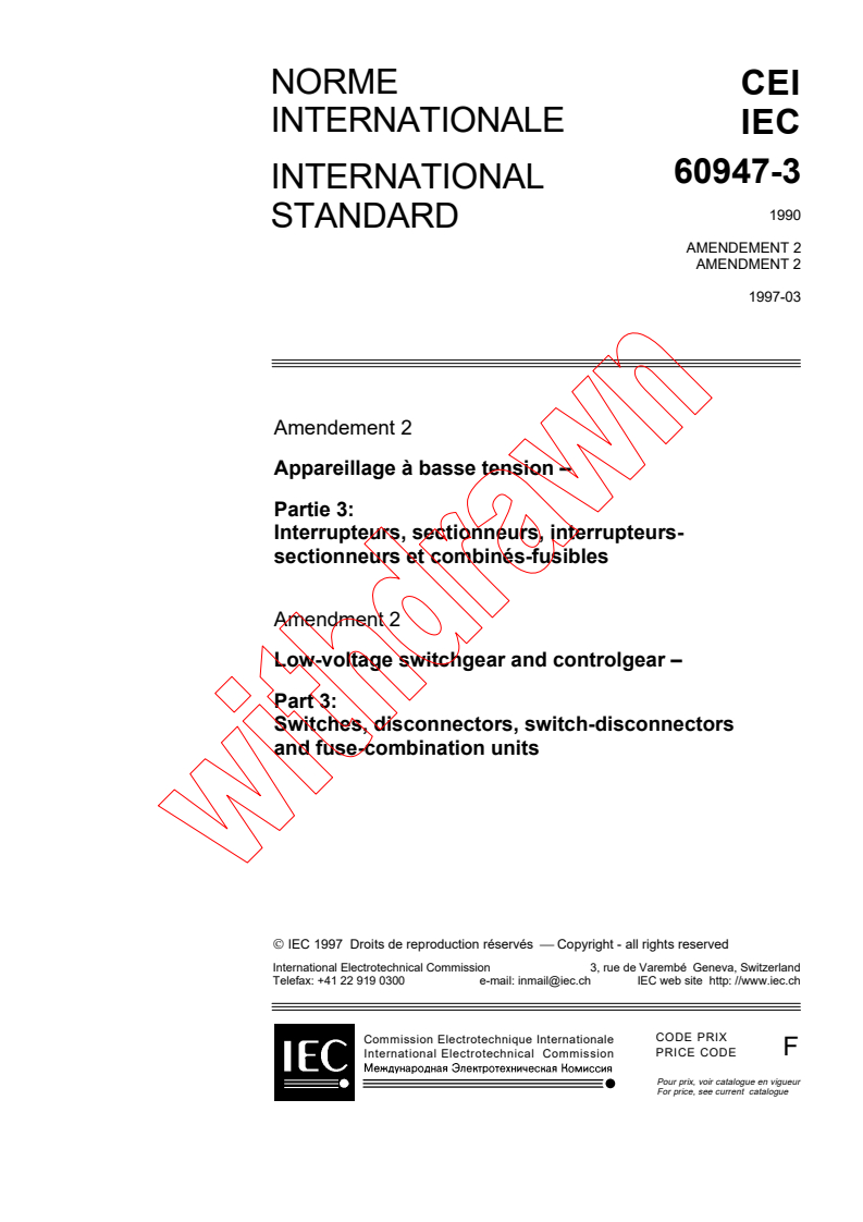 IEC 60947-3:1990/AMD2:1997 - Amendment 2 - Low-voltage switchgear and controlgear. Part 3: Switches, disconnectors, switch-disconnectors and fuse-combination units
Released:4/16/1997
Isbn:2831838096