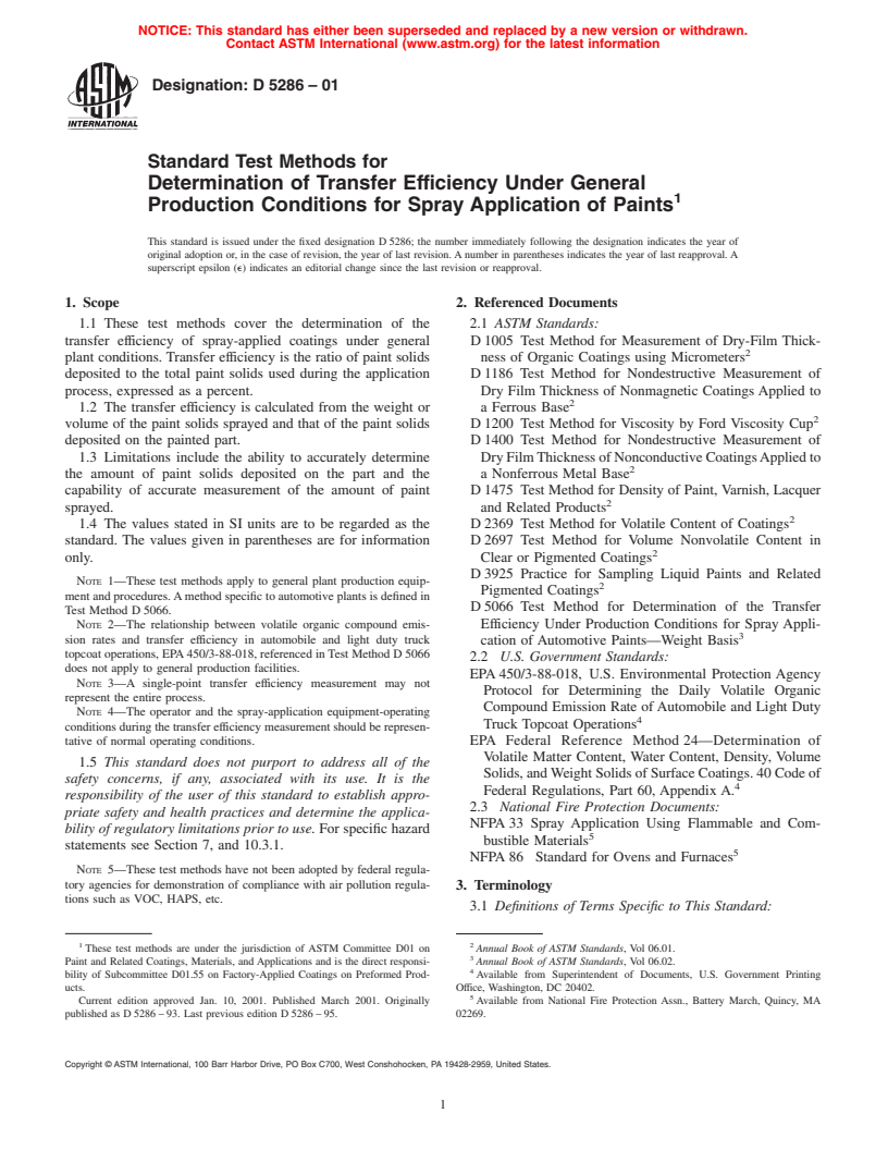 ASTM D5286-01 - Standard Test Methods for Determination of Transfer Efficiency Under General Production Conditions for Spray Application of Paints