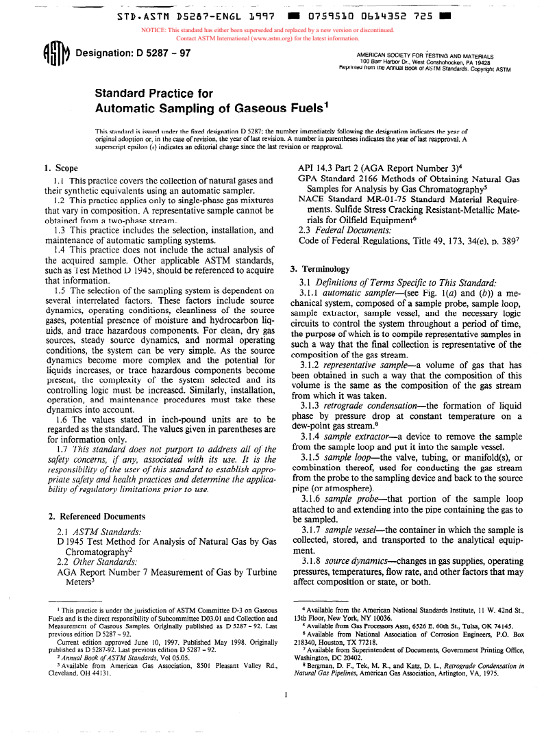 ASTM D5287-97 - Standard Practice for Automatic Sampling of Gaseous Fuels