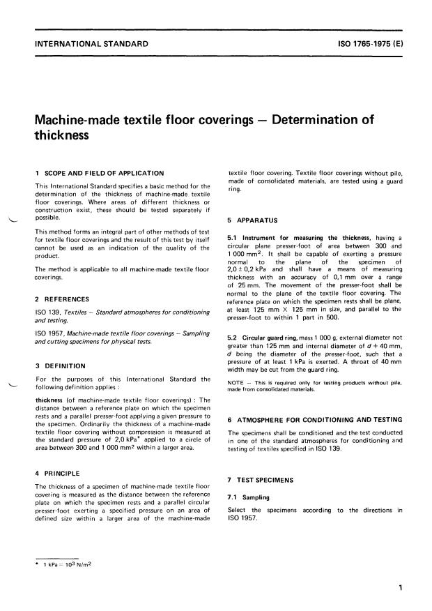 ISO 1765:1975 - Textile floor coverings -- Determination of thickness of machine made textile floor coverings