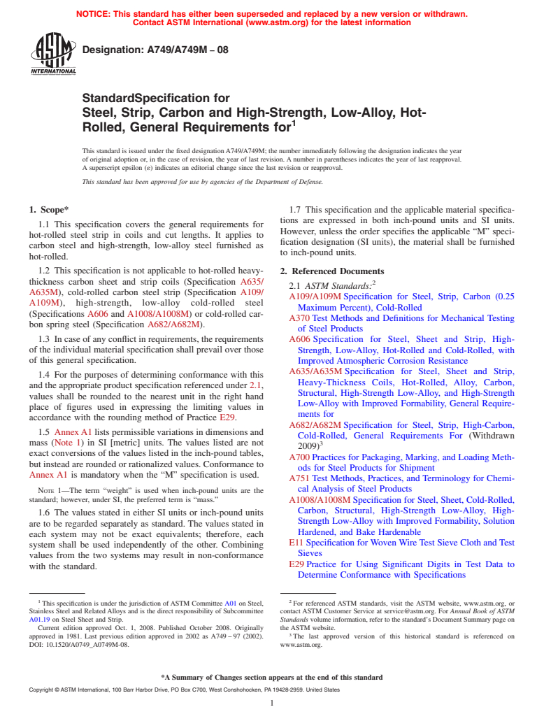 ASTM A749/A749M-08 - Standard Specification for  Steel, Strip, Carbon and High-Strength, Low-Alloy, Hot-Rolled, General Requirements for