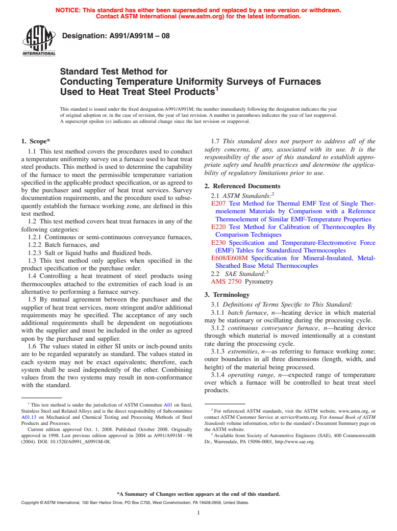 ASTM A991/A991M-08 - Standard Test Method for Conducting Temperature Uniformity Surveys of Furnaces Used to Heat Treat Steel Products