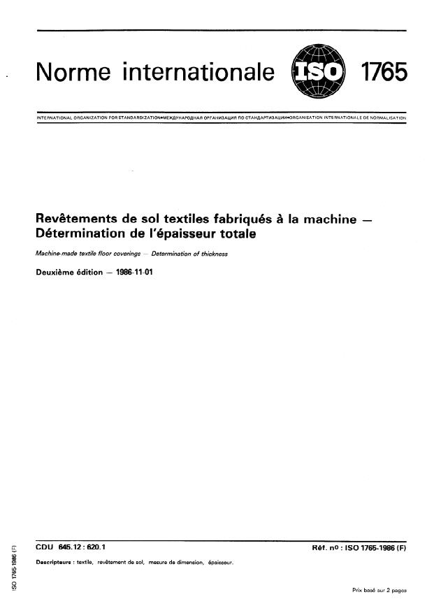 ISO 1765:1986 - Revetements de sol textiles fabriqués a la machine -- Détermination de l'épaisseur totale