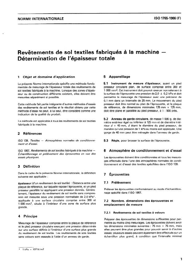 ISO 1765:1986 - Revetements de sol textiles fabriqués a la machine -- Détermination de l'épaisseur totale