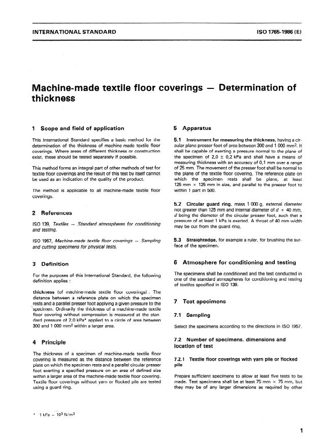 ISO 1765:1986 - Machine-made textile floor coverings -- Determination of thickness