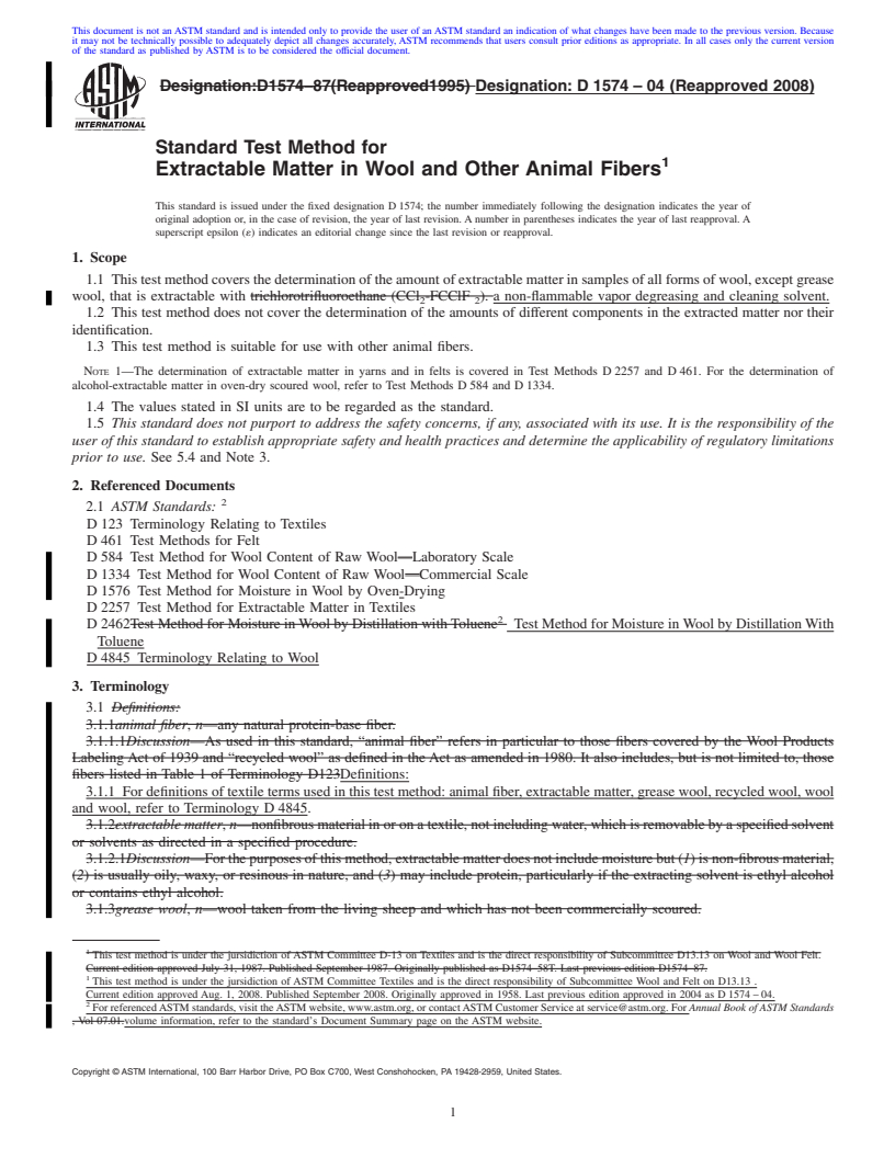 REDLINE ASTM D1574-04(2008) - Standard Test Method for Extractable Matter in Wool and Other Animal Fibers