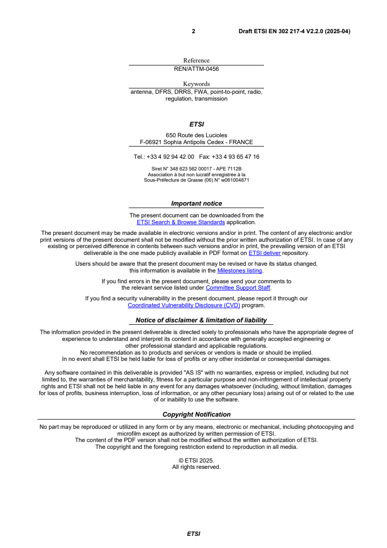 SIST EN 302 217-4 V2.2.1:2025 ETSI EN 302 217-4 V2.2.0 (2025-04) - Fixed Radio Systems; Characteristics and requirements for point-to-point equipment and antennas; Part 4: Antennas - Page 2 preview