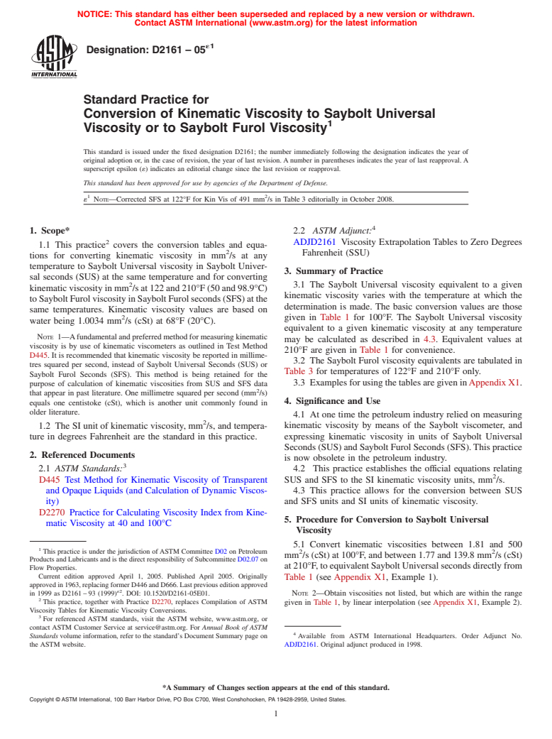 ASTM D2161-05e1 - Standard Practice for Conversion of Kinematic Viscosity to Saybolt Universal Viscosity or to Saybolt Furol Viscosity