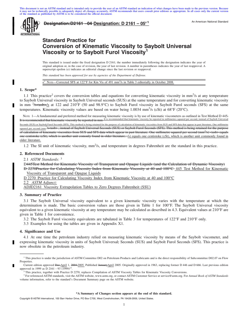 REDLINE ASTM D2161-05e1 - Standard Practice for Conversion of Kinematic Viscosity to Saybolt Universal Viscosity or to Saybolt Furol Viscosity